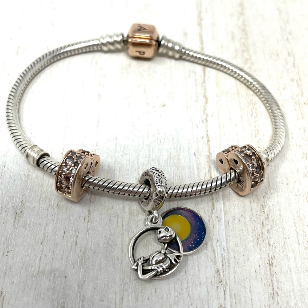 PANDORA Disney and more 3 charm sterling & rose gold sterling silver bracelet